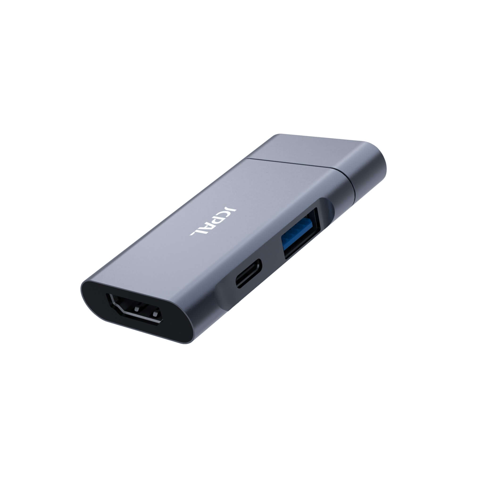 USB-C 3-in-1 Travel Hub with HDMI, USB 3.0 port, compact design for efficient travel.