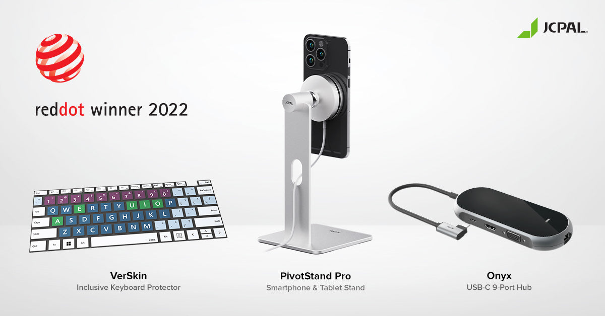 JCPal products including VerSkin, PivotStand Pro, and Onyx showcase Red Dot winner 2022 design excellence.