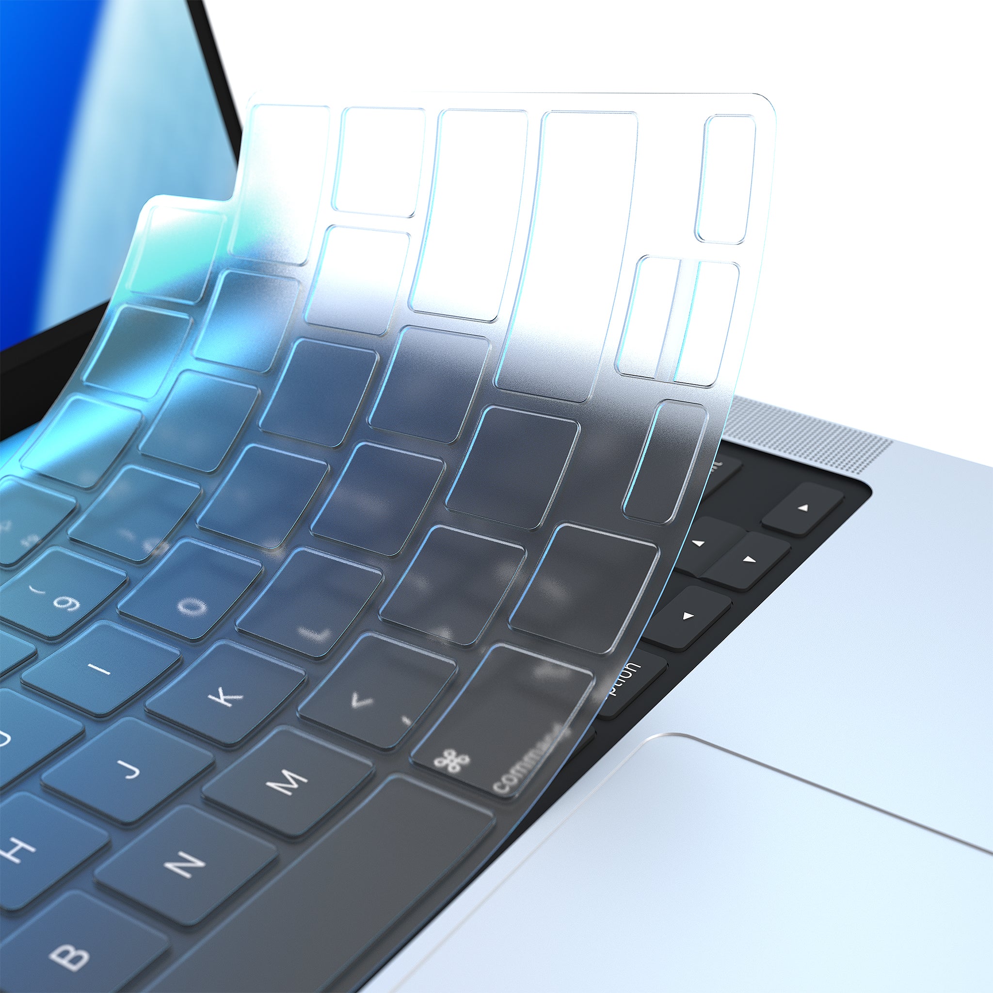 close up of FitSkin clear keyboard protector showing highly transparent TPU material